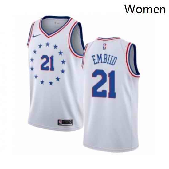 Womens Nike Philadelphia 76ers 21 Joel Embiid White Swingman Jersey Earned Edition